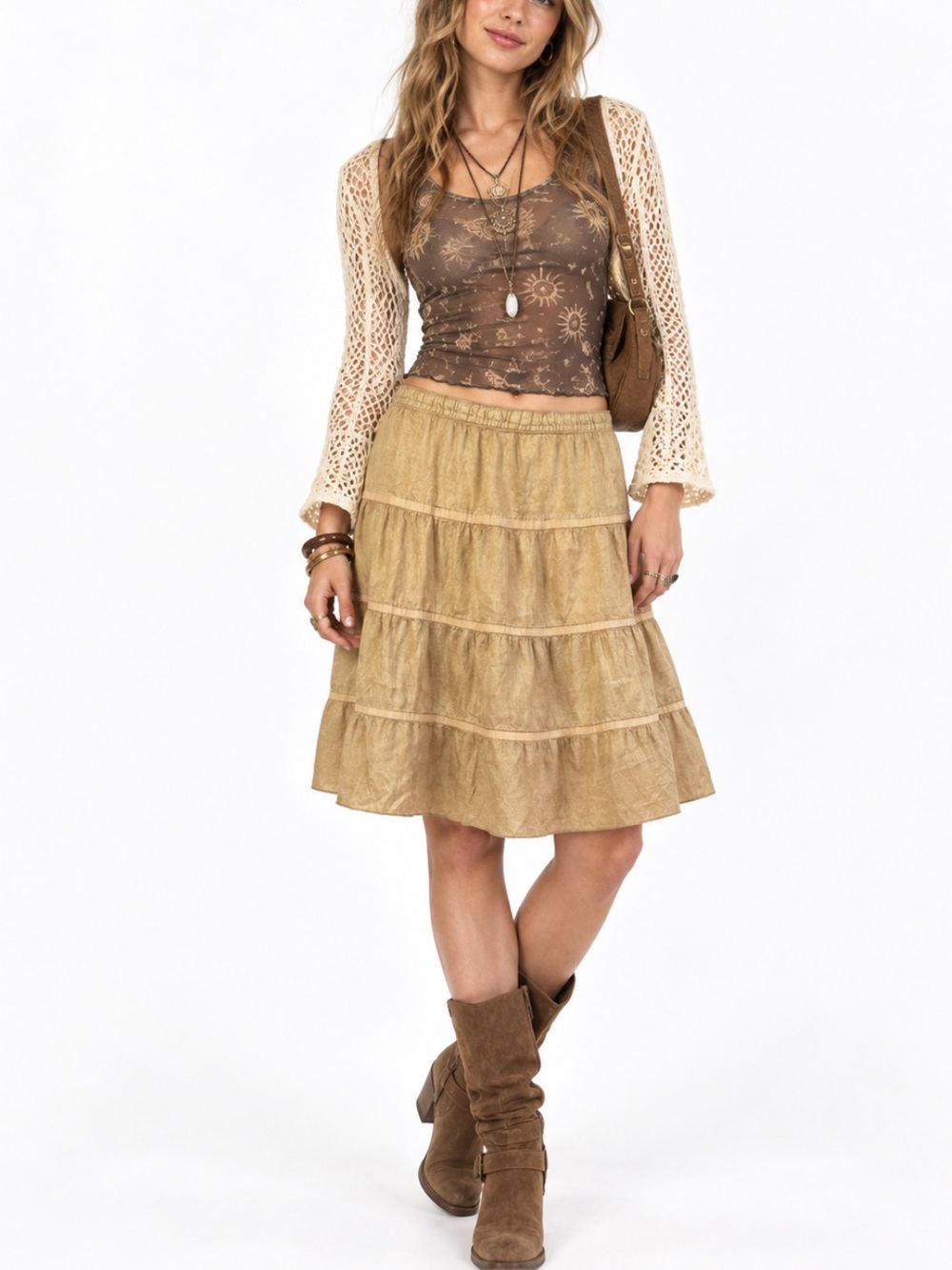 Vintage Y2K 100% Silk Crinkle Tiered Gold Fairycore Whimsy Boho Festival Skirt 0